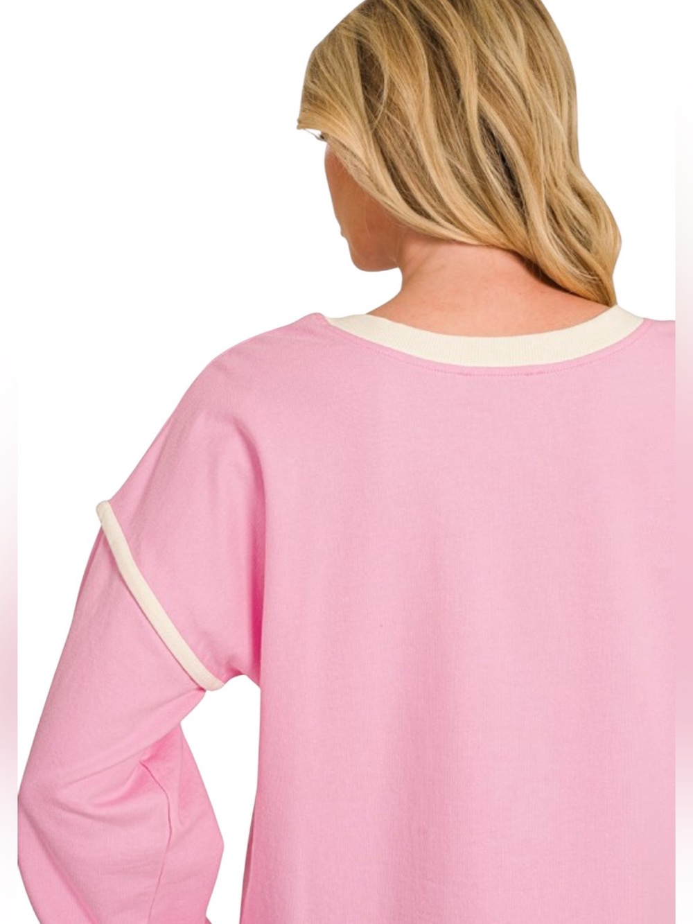 Zenana Candy Pink French Terry Cotton Long Sleeve Pullover Top - Picture 4 of 5
